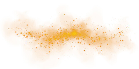 Fantastic orange smoke background. Magic orange smoke with glitter and small particles of twinkling stars. Fog with luminous particles. Orange vapor with stardust. Morning fog over land or water. PNG.