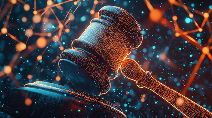 Futuristic digital judge&rsquo;s gavel with glowing cyber elements &ndash; ideal for legal tech concepts, blockchain regulations, AI law, cybersecurity policies, and futuristic justice system visuals