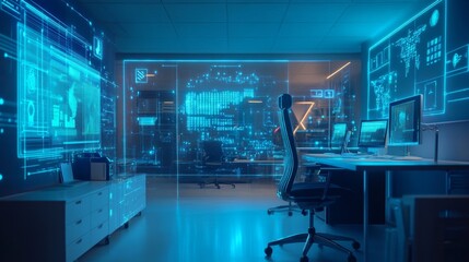 smart office controlled by AI, voice-activated assistants, interactive holographic interfaces, high-tech workspace