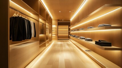Obraz premium Luxuriously illuminated clothing store showcases organized apparel and accessories