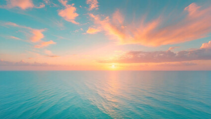 Fototapeta premium Breathtaking Dreamy Sunrise Over a Turquoise Ocean with Golden Light, Gentle Waves, and Ethereal Clouds in a Serene, Scenic Landscape