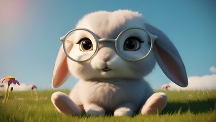 Fluffy Rabbit with Stylish Glasses in a Sunny Meadow