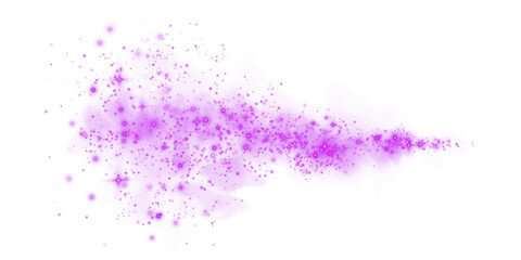 Fantastic purple smoke background. Magic purple smoke with glitter and small particles of twinkling stars. Fog with luminous particles. Purple vapor with stardust. Morning fog over land or water. PNG.