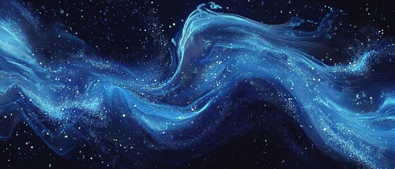 High-speed data stream visualization with swirling particles and deep blue binary codes