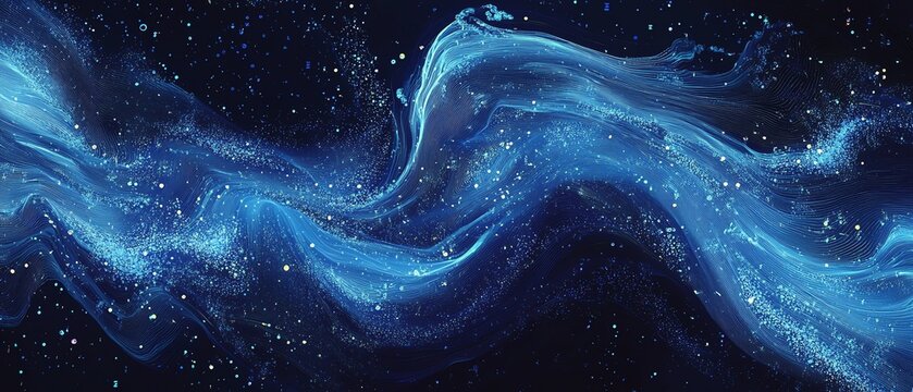 High-speed data stream visualization with swirling particles and deep blue binary codes