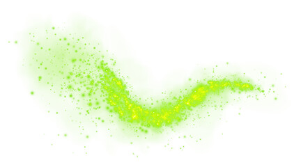 Fantastic green smoke background. Magic green smoke with glitter and small particles of twinkling stars. Fog with luminous particles. Green vapor with stardust. Morning fog over land or water. PNG.