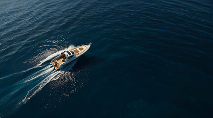 Fototapeta premium Aerial drone ultra wide top down photo with copy space of luxury rigid inflatable speed boat cruising in high speed in Aegean deep blue sea, Greece,generative.ai 