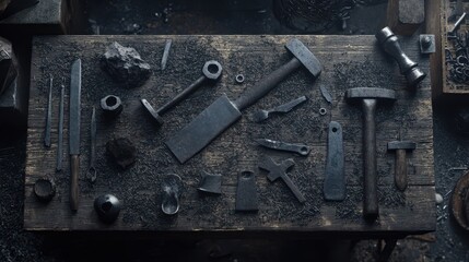 Rustic Workshop Tools on Wooden Table in Dim Lighting Atmosphere