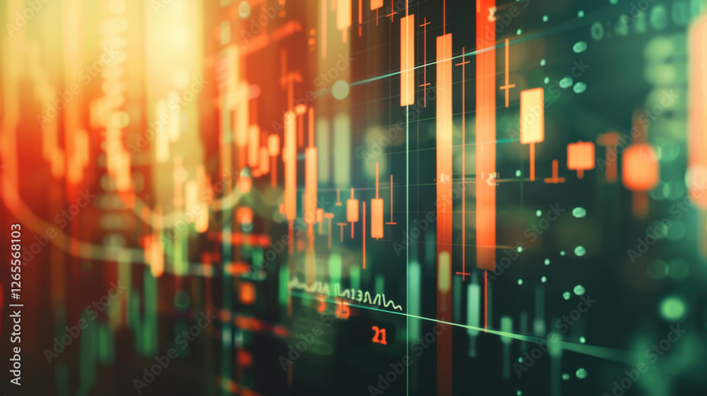 Poster abstract digital financial chart with colorful candlestick patterns and data visualization elements,