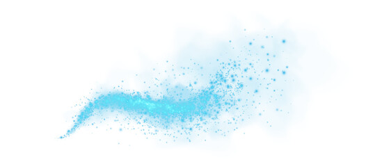 Fantastic blue smoke background. Magic blue smoke with glitter and small particles of twinkling stars. Fog with luminous particles. Blue vapor with stardust. Morning fog over land or water. PNG.