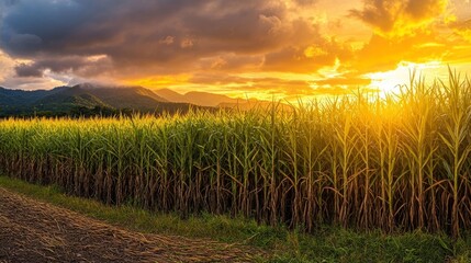 sugar cane field with a golden sunset in the backdrop