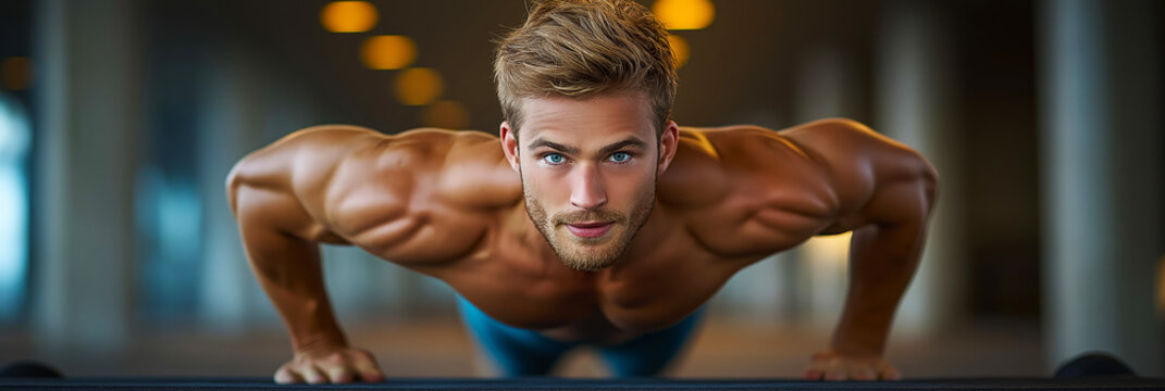 Strong athletic man performing push-ups, showcasing his dedication to fitness and strength training