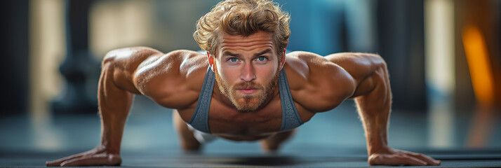 Strong athletic man performing push-ups, showcasing his dedication to fitness and strength training