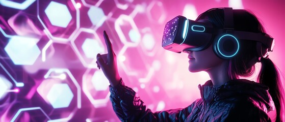 Virtual reality data network with immersive glowing hexagonal interfaces
