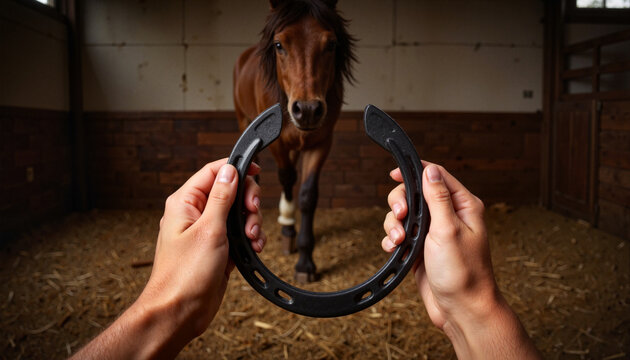 Person holding horseshoe in stable with horse, nostalgic connection