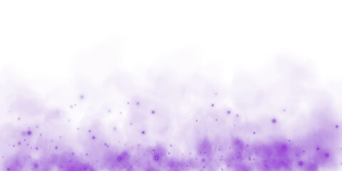 Fantastic purple smoke background. Magic purple smoke with glitter and small particles of twinkling stars. Fog with luminous particles. Purple vapor with stardust. Morning fog over land or water. PNG.