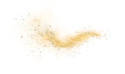 Fantastic golden smoke background. Magic golden smoke with glitter and small particles of twinkling stars. Fog with luminous particles. Yellow vapor with stardust. Morning fog over land or water. PNG
