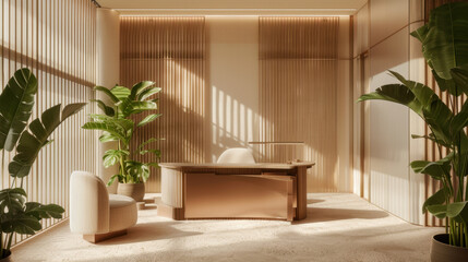 Modern office interior with wooden accents and plants, featuring stylish desk and comfortable seating. warm tones create welcoming atmosphere