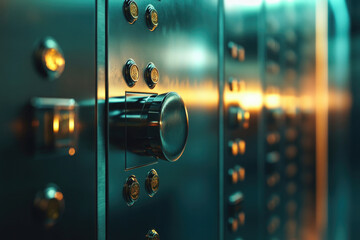 Close-up of vintage safe lock mechanism gleaming in soft light at an antique shop