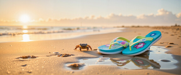 Obraz premium Colorful children's flip-flops on wet sand at sunrise, playful exploration