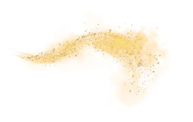 Magic yellow smoke with glitter and small particles of twinkling stars. Fog with luminous particles. Yellow vapor with stardust. Morning fog over land or water. PNG.

