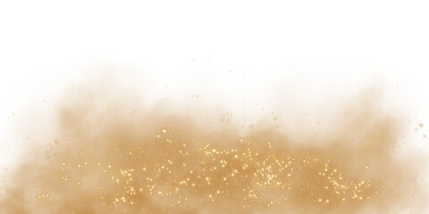 Fantastic golden smoke background. Magic golden smoke with glitter and small particles of twinkling stars. Fog with luminous particles. Yellow vapor with stardust. Morning fog over land or water. PNG
