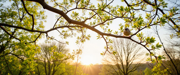 Fototapeta premium Intricate tree branches with new leaves and blossoms at sunrise, nature's beauty