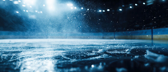 Dynamic ice hockey arena under bright stadium lights. Frozen surface with flying ice particles, steam. Cold, intense background for professional game, sports action. Generative ai