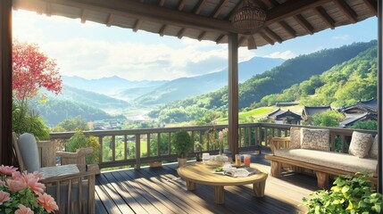 Peaceful porch offers a tranquil view of misty mountains