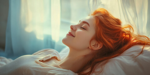 Fototapeta premium A woman with red hair is peacefully lying on the bed, eyes closed, basking in the warm sunlight streaming through the window