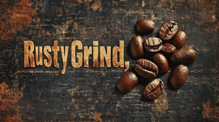 Rusty grind lettering accompanies coffee beans on a textured surface