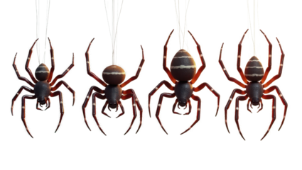 Four 3D Rendered Spiders Hanging on Webs Halloween Decoration Arachnid Illustration