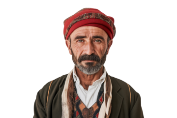 Portrait of a senior Turkish man with traditional clothes, isolated on transparent background