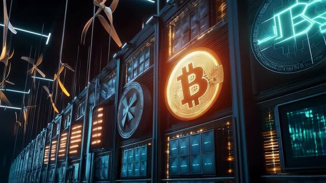 Glowing bitcoin symbol illuminates server racks in a futuristic mining farm, powered by wind turbines under a night sky, showcasing a blend of technology and sustainability - Powered by Adobe