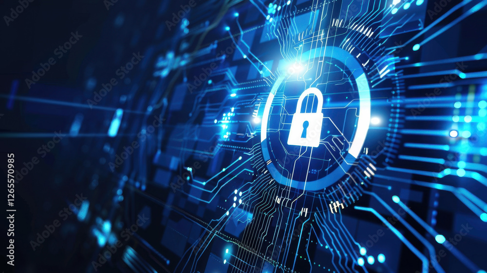 Poster digital lock symbol on circuit board background, representing cybersecurity and data protection. ima
