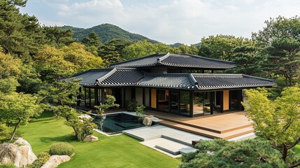 Modern korean house blending traditional architecture with a natural landscape