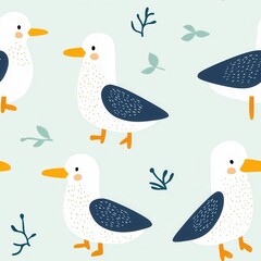 Seamless illustrations of minimal animals. A whimsical pattern featuring cartoonish seagulls with blue wings and orange beaks, surrounded by leaves on a soft pastel background.