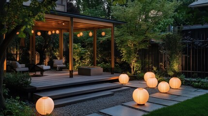 Illuminated pergola and lantern lined walkway in a tranquil garden