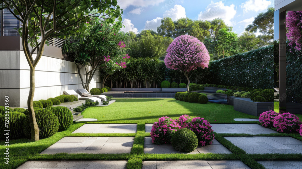 Wall mural serene garden landscape featuring lush greenery, blooming flowers, and tranquil pool. vibrant pink blossoms and neatly trimmed hedges create peaceful outdoor retreat