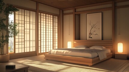 Serene bedroom with minimalist japanese design and natural light