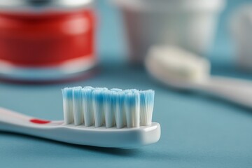 Close-up of toothbrush with soft bristles on blue background