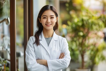 Asian young female doctor in white coat smiling outside medical facility