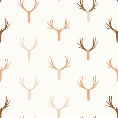 Seamless illustrations of minimal animals. A repetitive pattern of stylized deer antlers in various shades of brown on a light background, creating a soft and modern aesthetic.