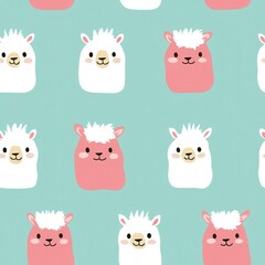 Obraz premium Seamless illustrations of minimal animals. A playful pattern featuring cute cartoon llamas in various colors against a soft blue background, perfect for children's decor or whimsical designs.