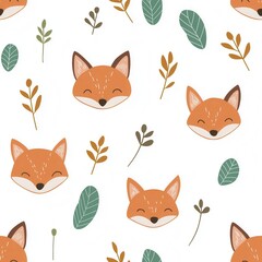 Fototapeta premium Seamless illustrations of minimal animals. A playful pattern featuring smiling fox faces and leaves, perfect for children's decor or nature-themed designs.