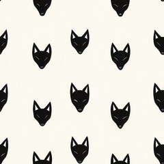 Seamless illustrations of minimal animals. A repeating pattern of stylized black fox faces on a light background, creating a whimsical and modern design.