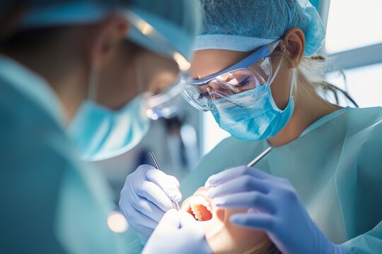 Female dentist performing dental procedure in surgical environment
