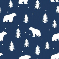 Seamless illustrations of minimal animals. A whimsical winter-themed pattern featuring white bears and evergreen trees against a dark blue background.