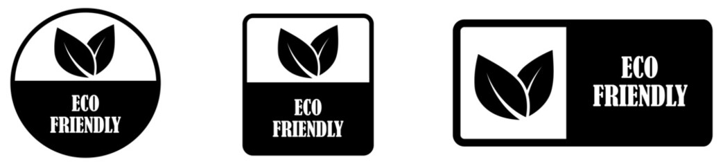 Fototapeta premium Eco friendly badge set collection on white background. Organic product certification badge. Recycling eco symbol stamp. Sustainable agriculture approval label. Green leaf eco mark. Vector illustration