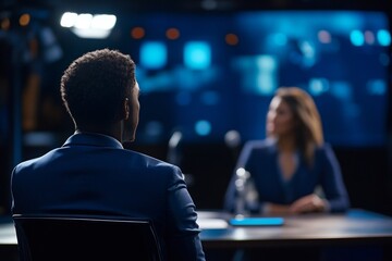 Professional discussion in studio with young african male and caucasian female